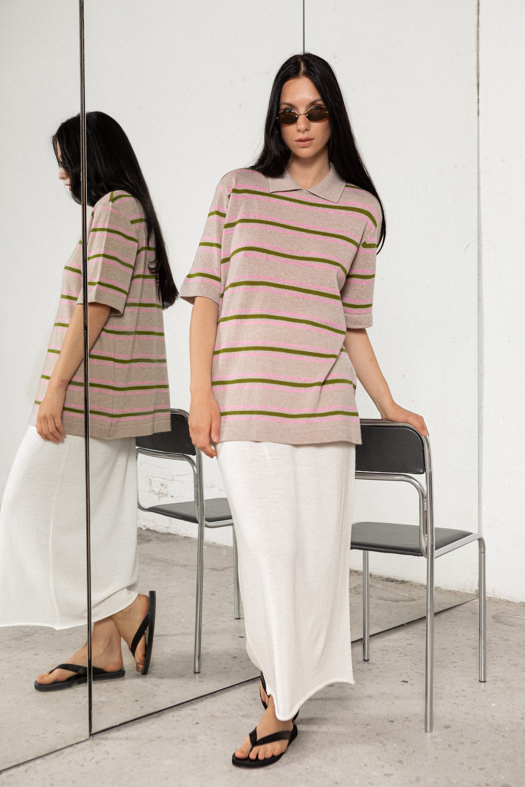 POWDER STRIPED CASHMERE-MERINO WOOL POLO T-SHIRT