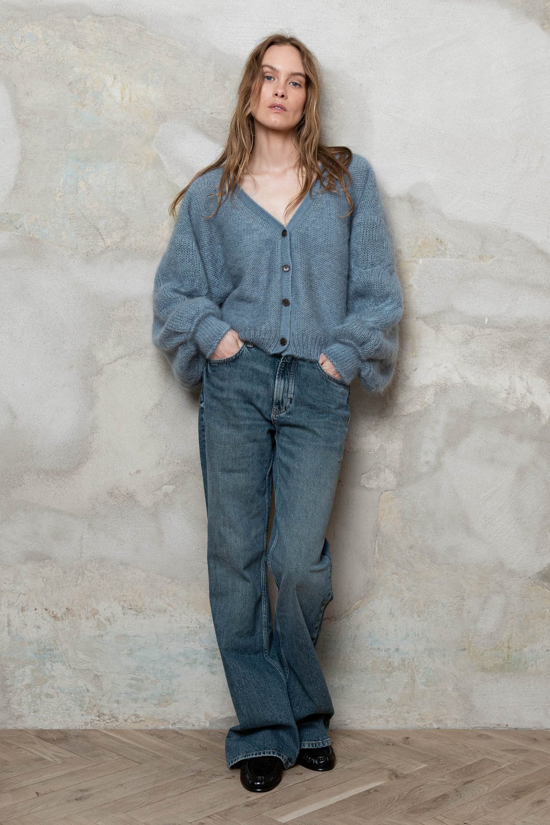PIGEON BLUE MOHAIR AND SILK CROPPED CARDIGAN