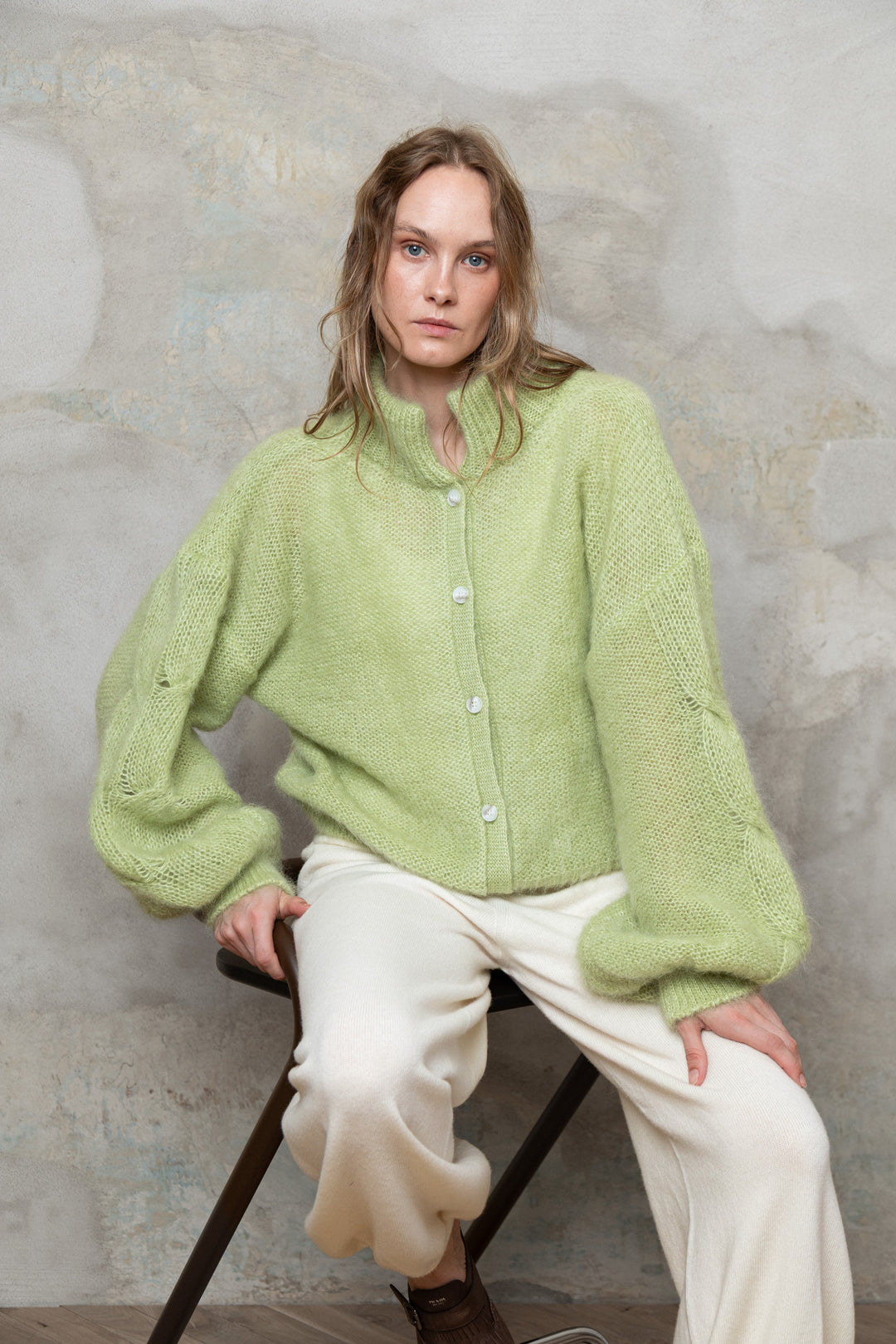 APPLE GREEN MOHAIR AND SILK BUTTON DOWN CARDIGAN