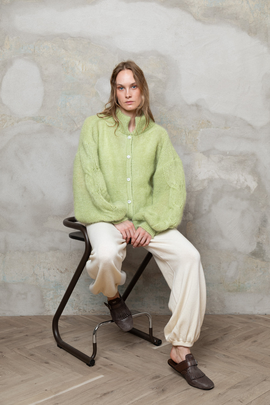 APPLE GREEN MOHAIR AND SILK BUTTON DOWN CARDIGAN
