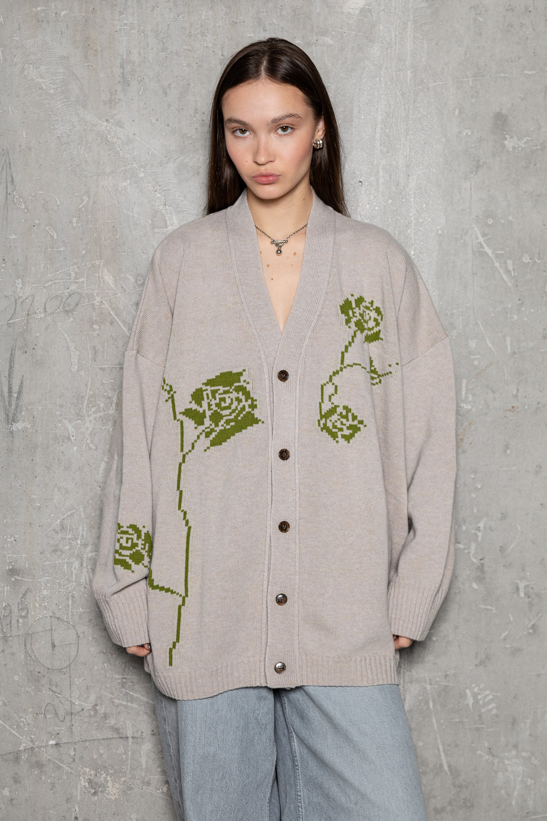 POWDER/LIME GREEN CASHMERE-MERINO WOOL ROSE CARDIGAN