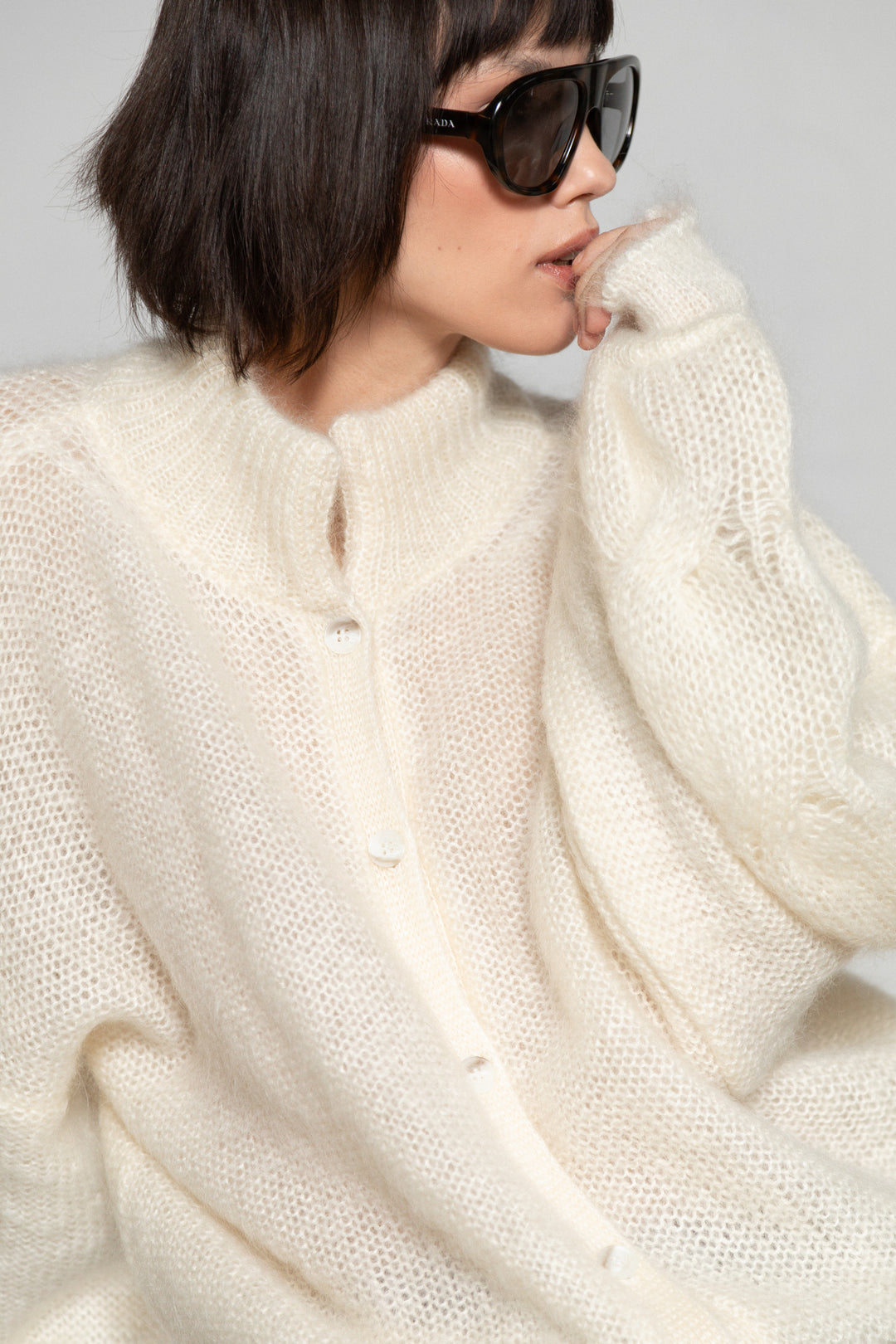 PEARL MOHAIR AND SILK BUTTON DOWN CARDIGAN