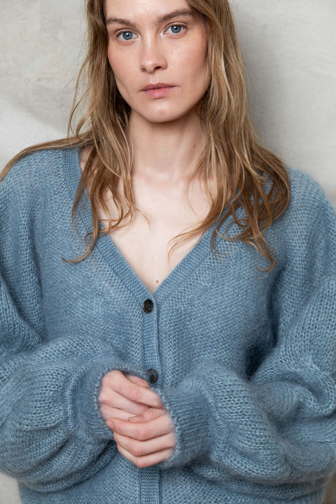 PIGEON BLUE MOHAIR AND SILK CROPPED CARDIGAN