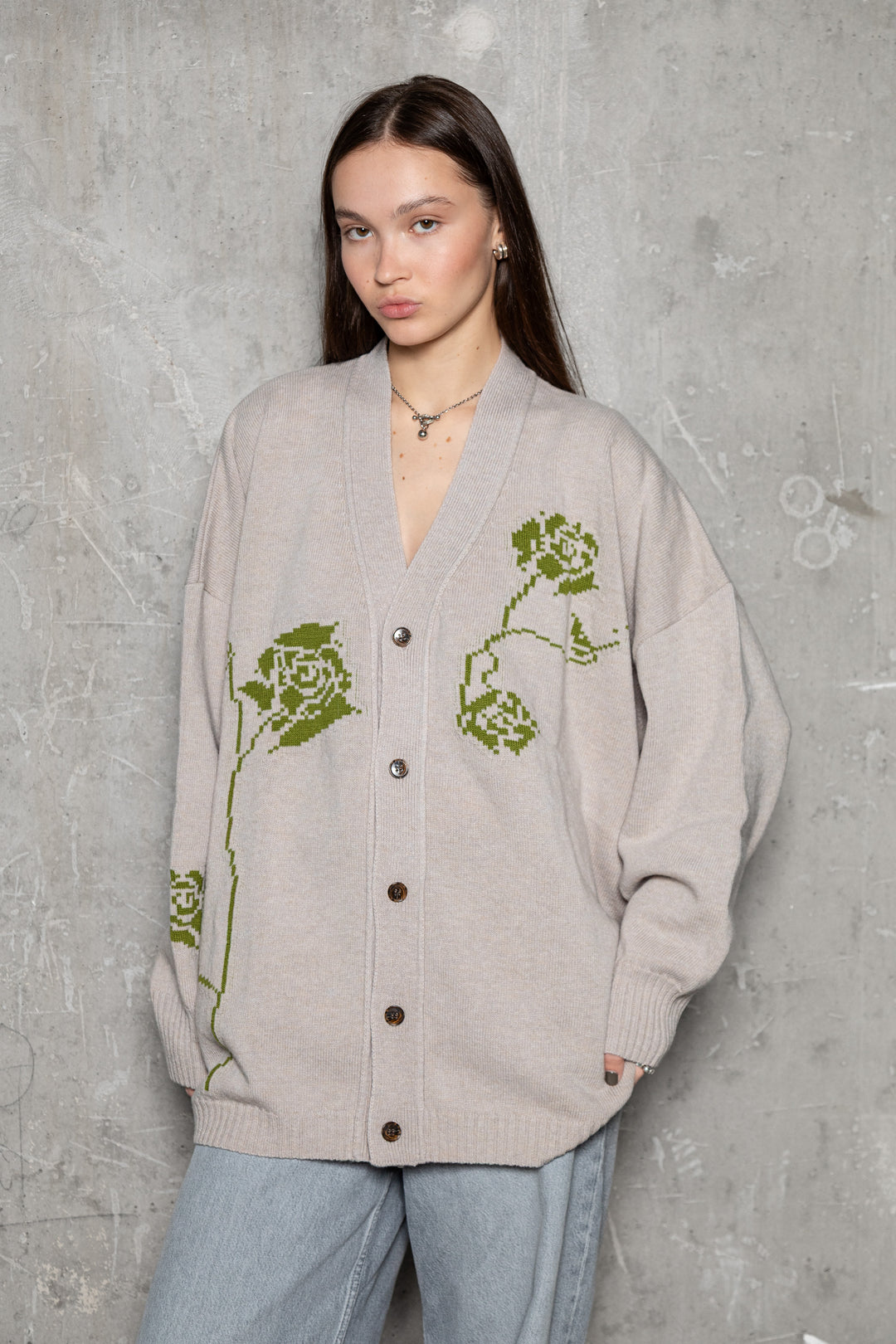POWDER/LIME GREEN CASHMERE-MERINO WOOL ROSE CARDIGAN