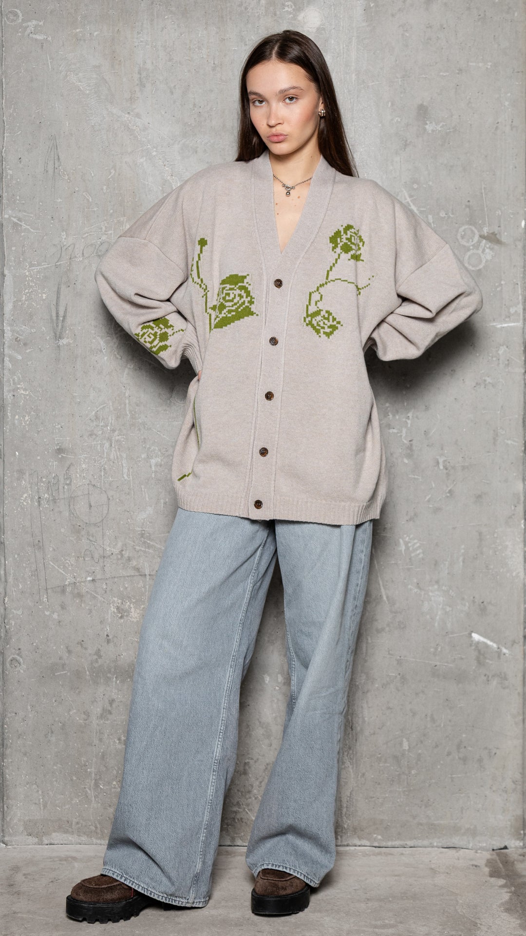 POWDER/LIME GREEN CASHMERE-MERINO WOOL ROSE CARDIGAN