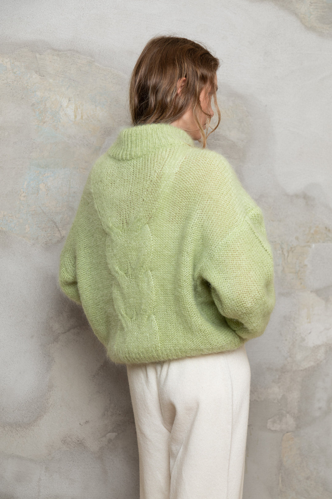 APPLE GREEN MOHAIR AND SILK BUTTON DOWN CARDIGAN