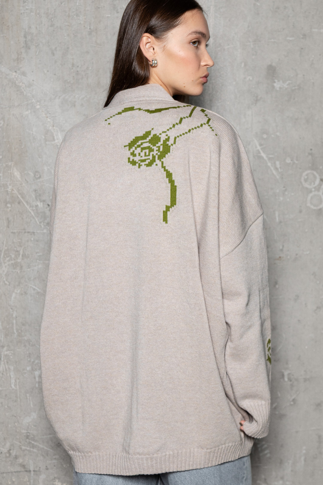 POWDER/LIME GREEN CASHMERE-MERINO WOOL ROSE CARDIGAN