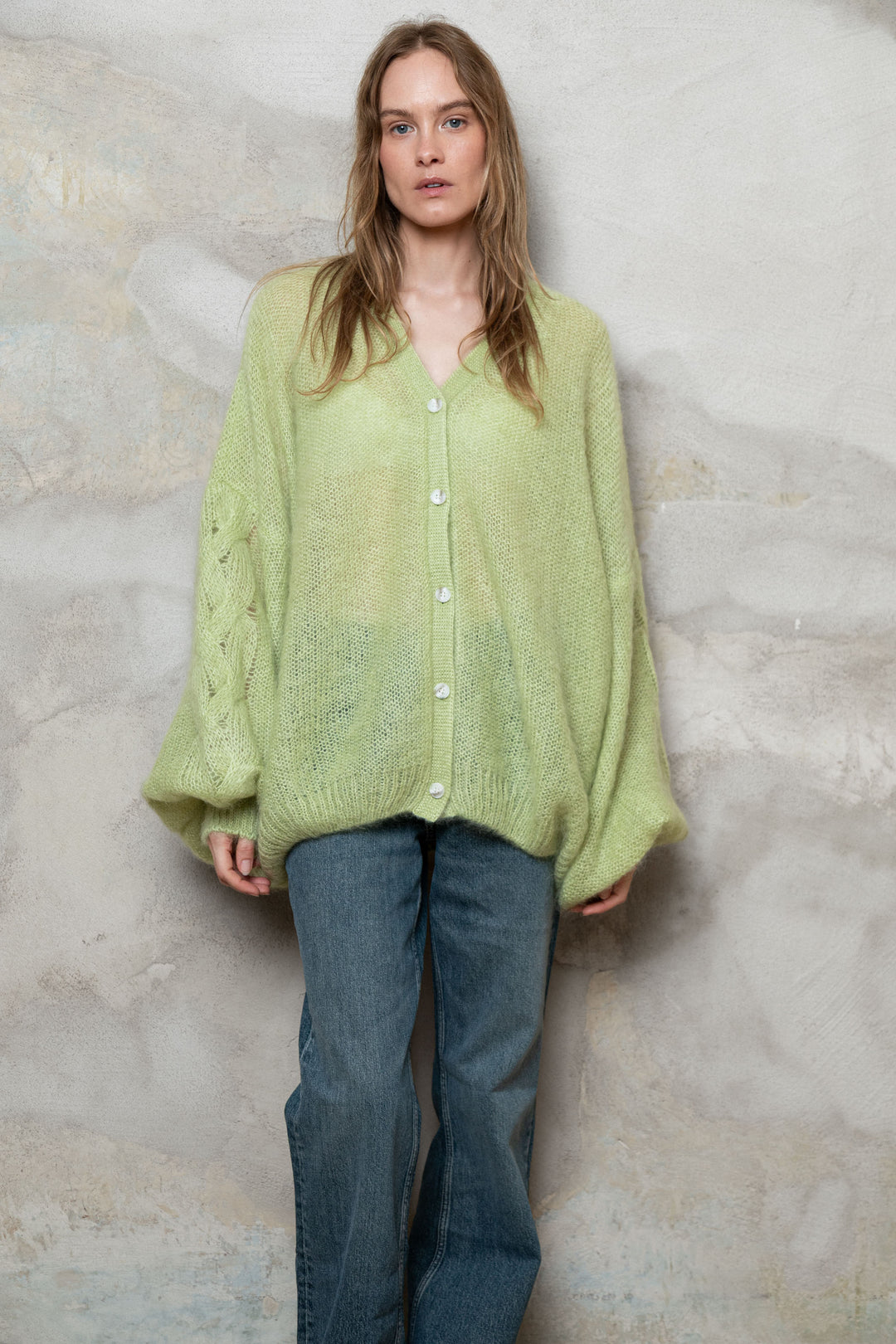 APPLE GREEN MOHAIR AND SILK CARDIGAN