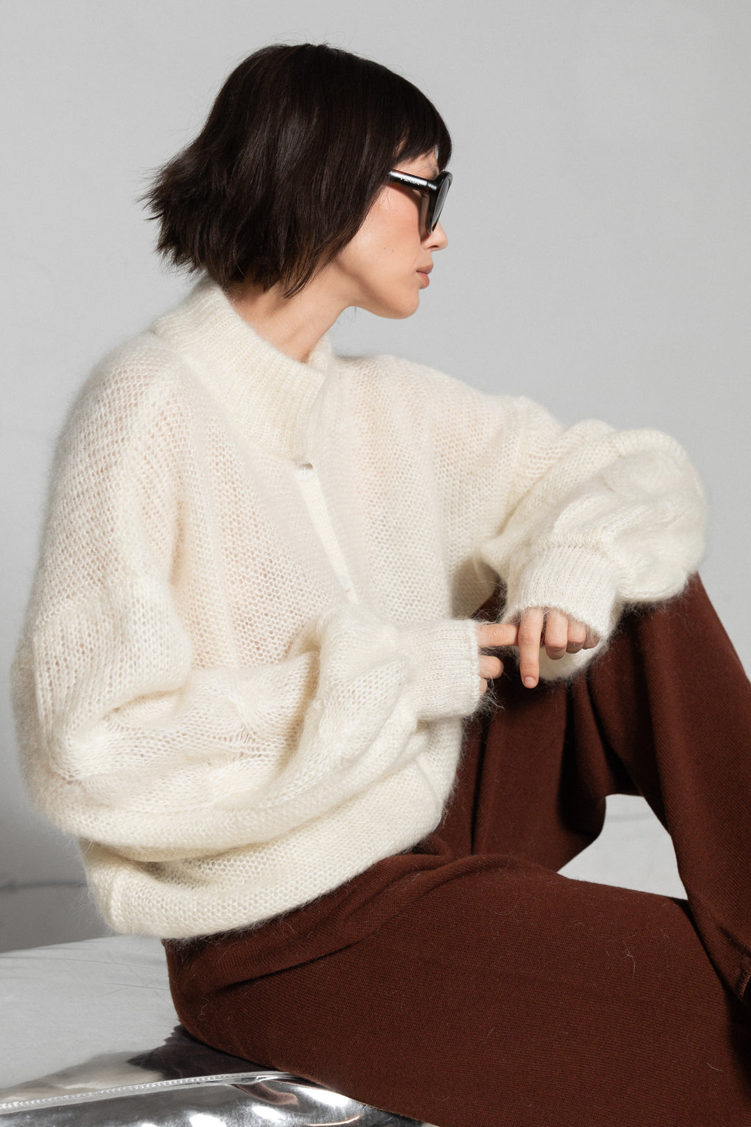 PEARL MOHAIR AND SILK BUTTON DOWN CARDIGAN