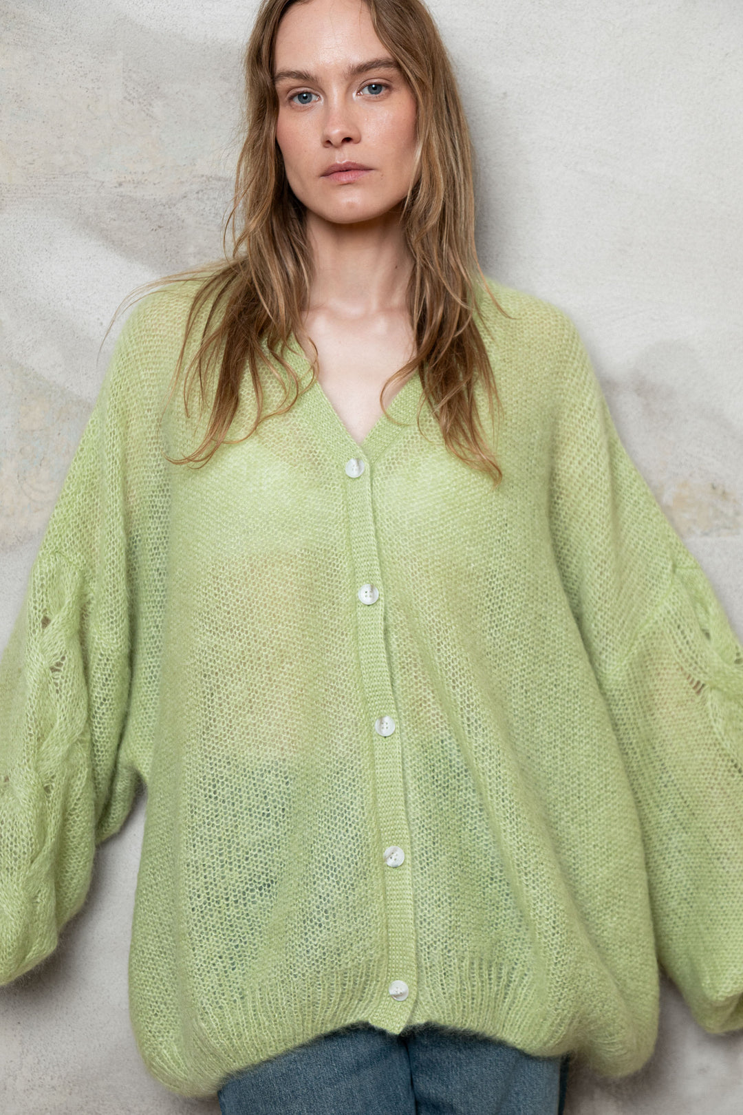 APPLE GREEN MOHAIR AND SILK CARDIGAN