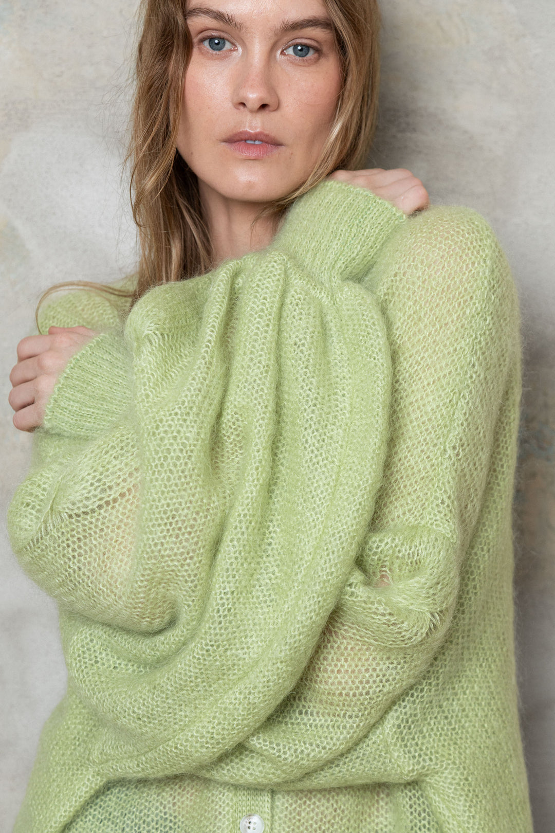 APPLE GREEN MOHAIR AND SILK CARDIGAN
