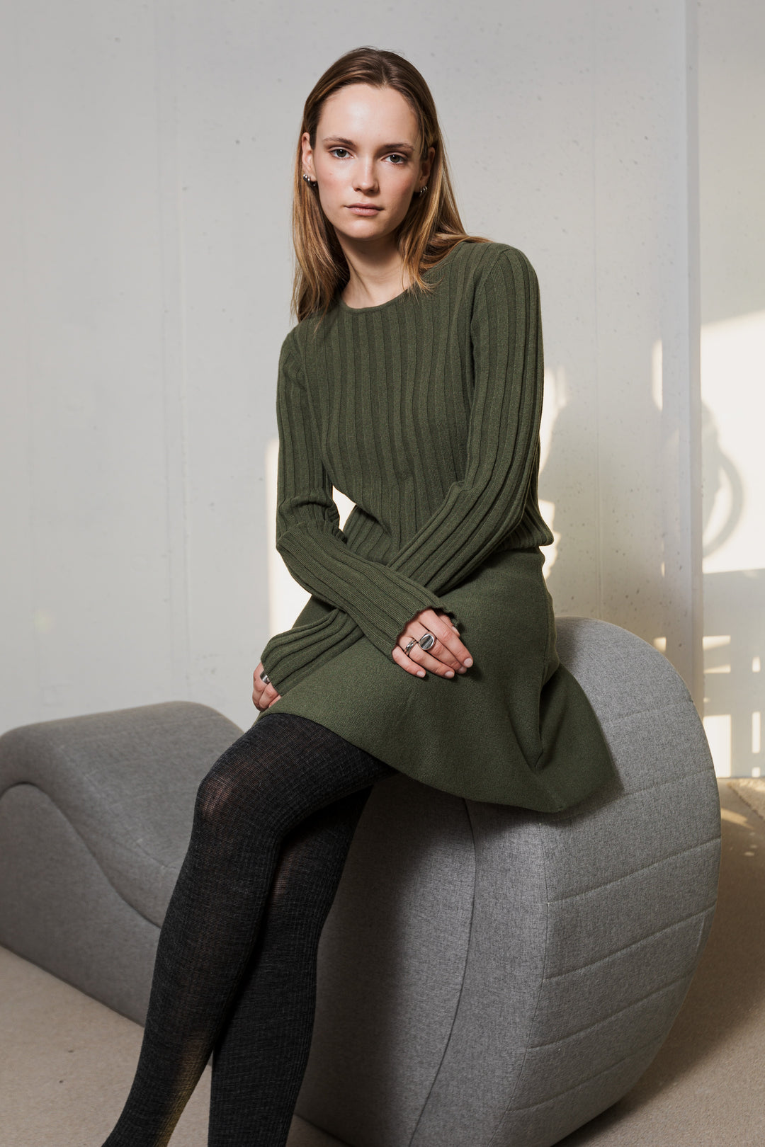 MOSS GREEN LAMBSWOOL RIB-KNIT TOP