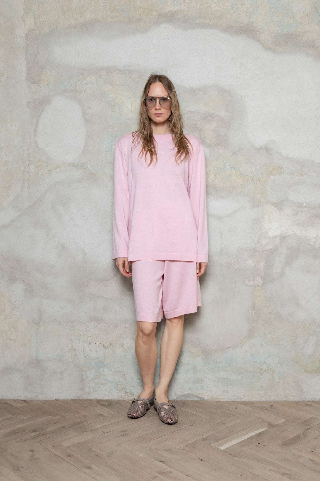 BABY PINK EXTRA FINE MERINO WOOL KNEE SHORTS