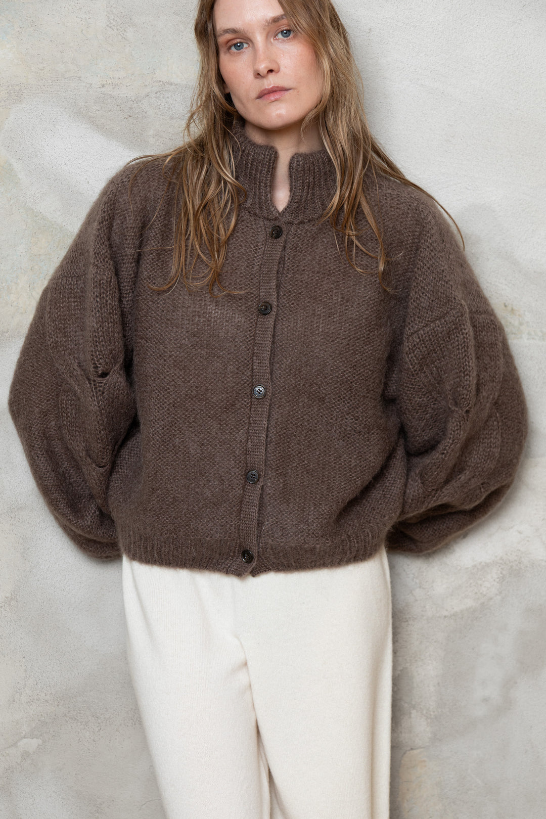 COCOA MOHAIR AND SILK BUTTON DOWN CARDIGAN