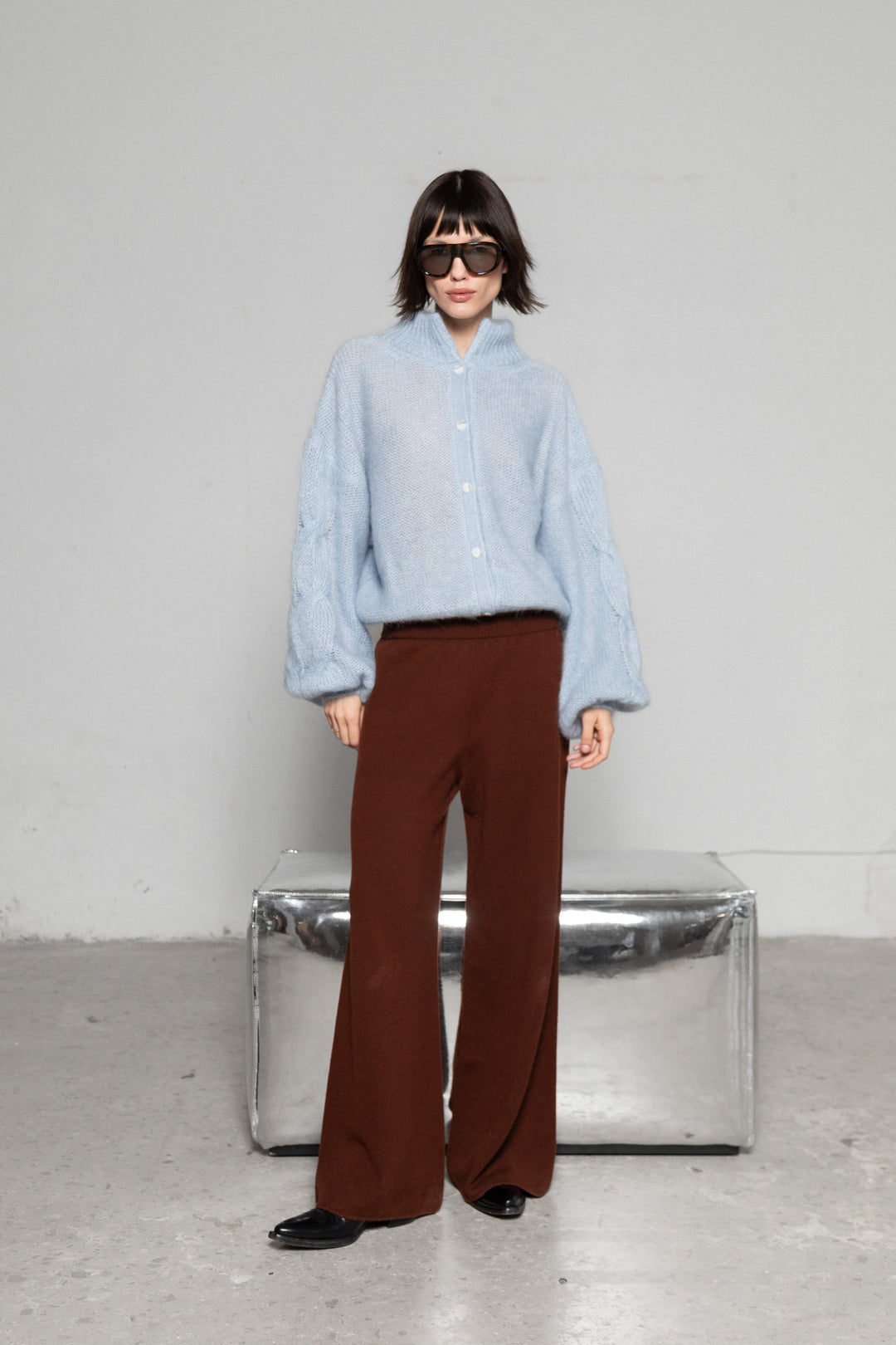 SOFT BLUE MOHAIR AND SILK BUTTON DOWN CARDIGAN