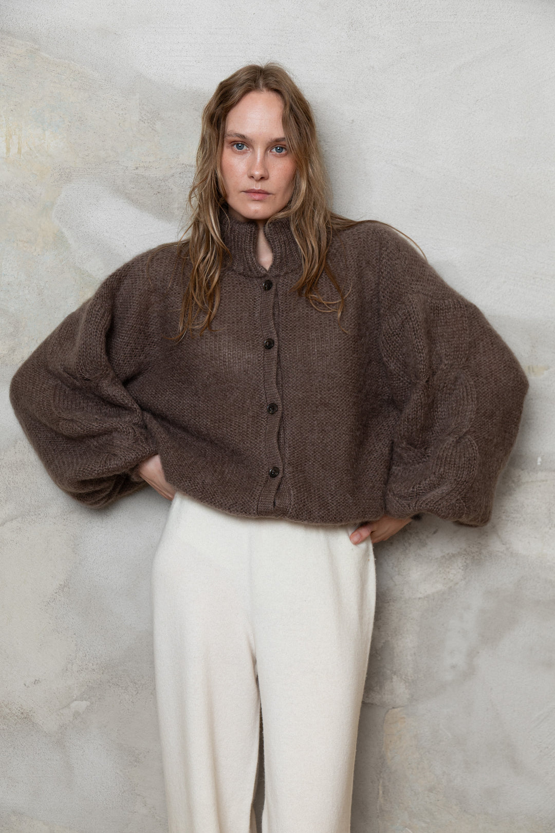 COCOA MOHAIR AND SILK BUTTON DOWN CARDIGAN