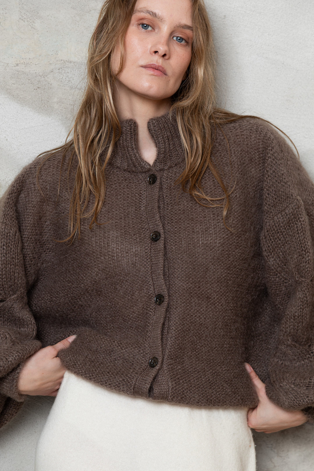 COCOA MOHAIR AND SILK BUTTON DOWN CARDIGAN