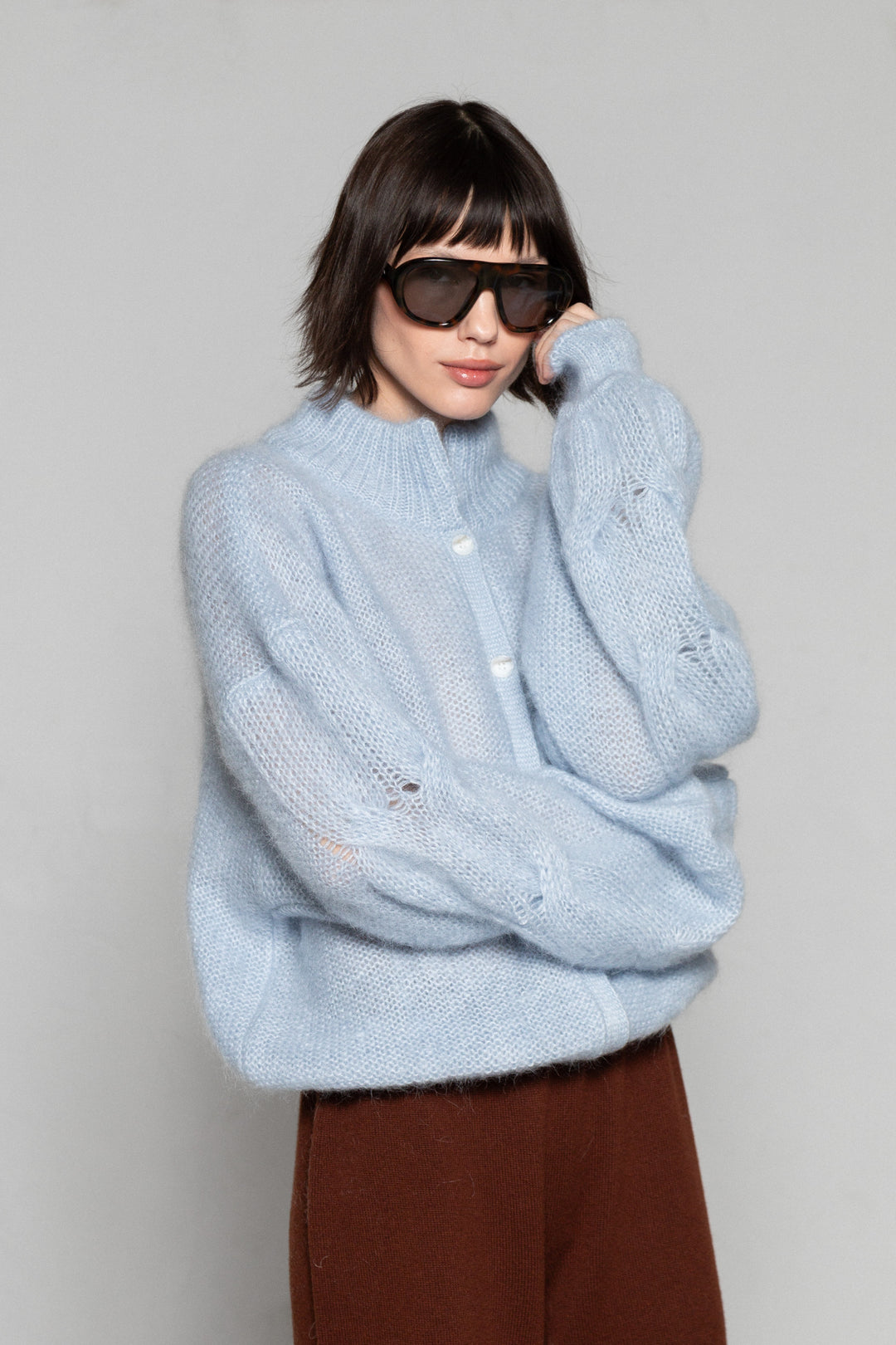 SOFT BLUE MOHAIR AND SILK BUTTON DOWN CARDIGAN