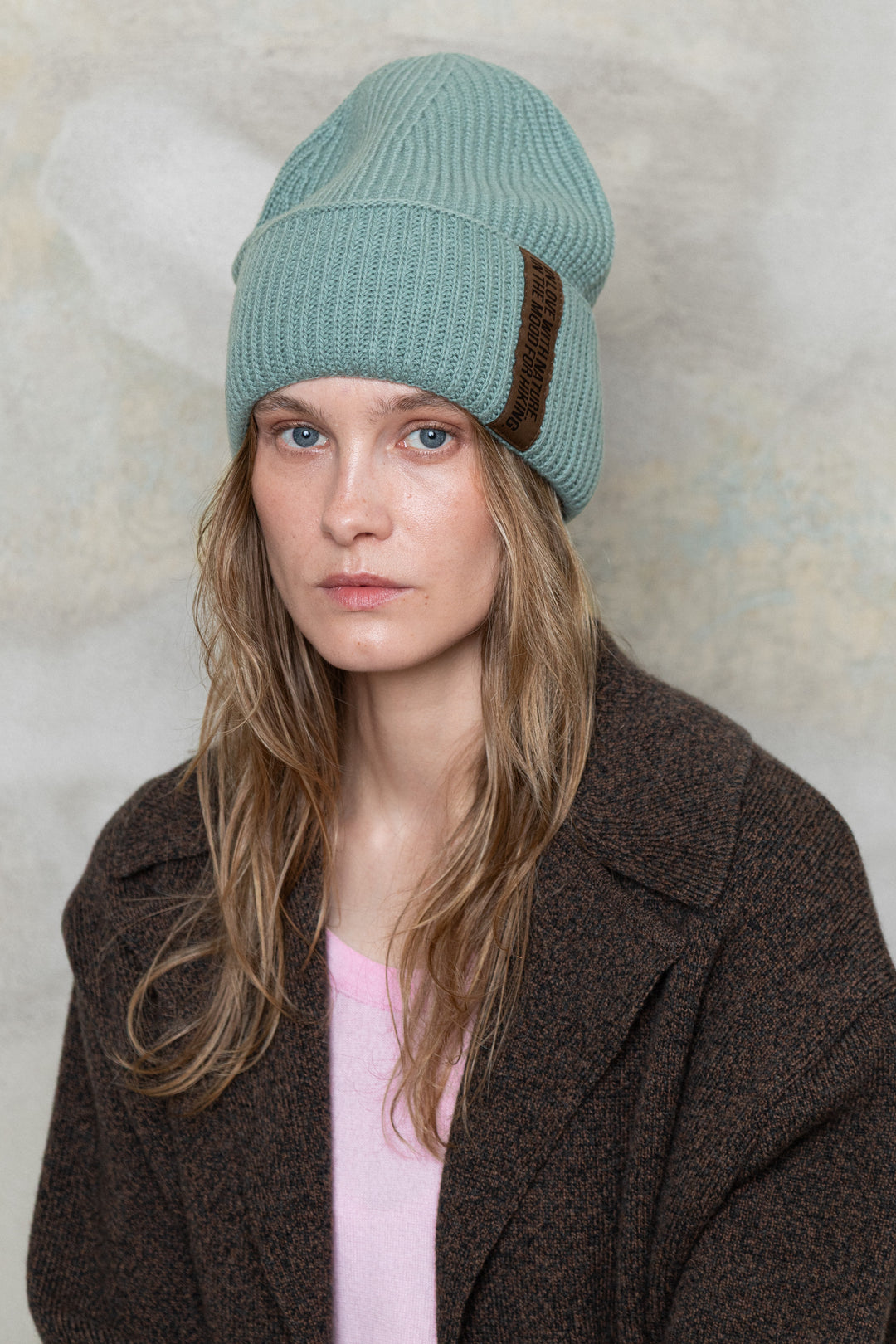 SEA GREEN LAMBWOOL BEANIE WITH CHOCOLATE LABEL