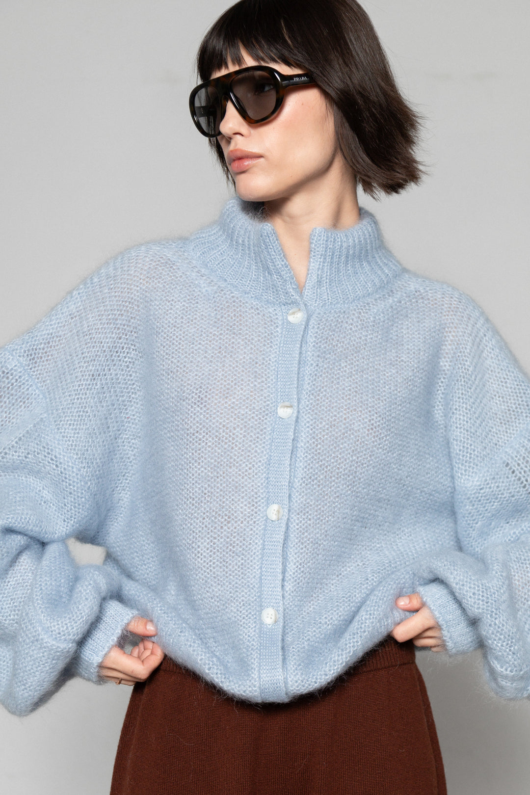 SOFT BLUE MOHAIR AND SILK BUTTON DOWN CARDIGAN