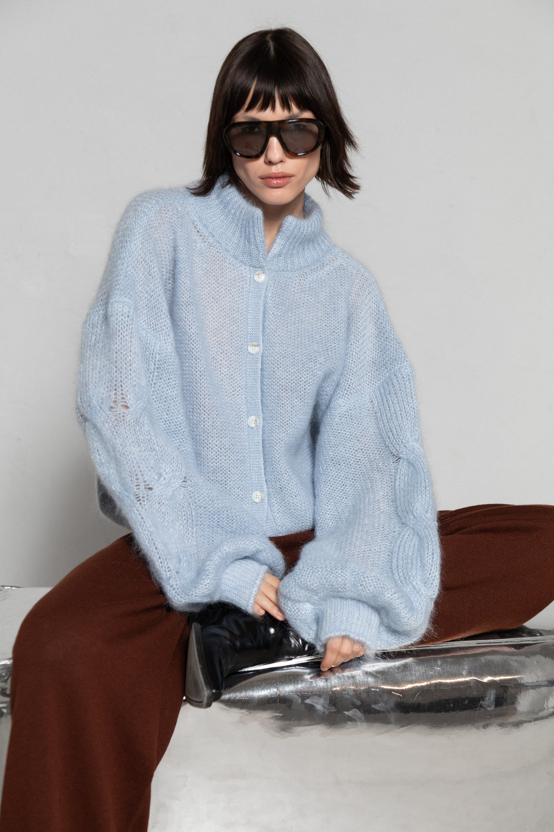 SOFT BLUE MOHAIR AND SILK BUTTON DOWN CARDIGAN