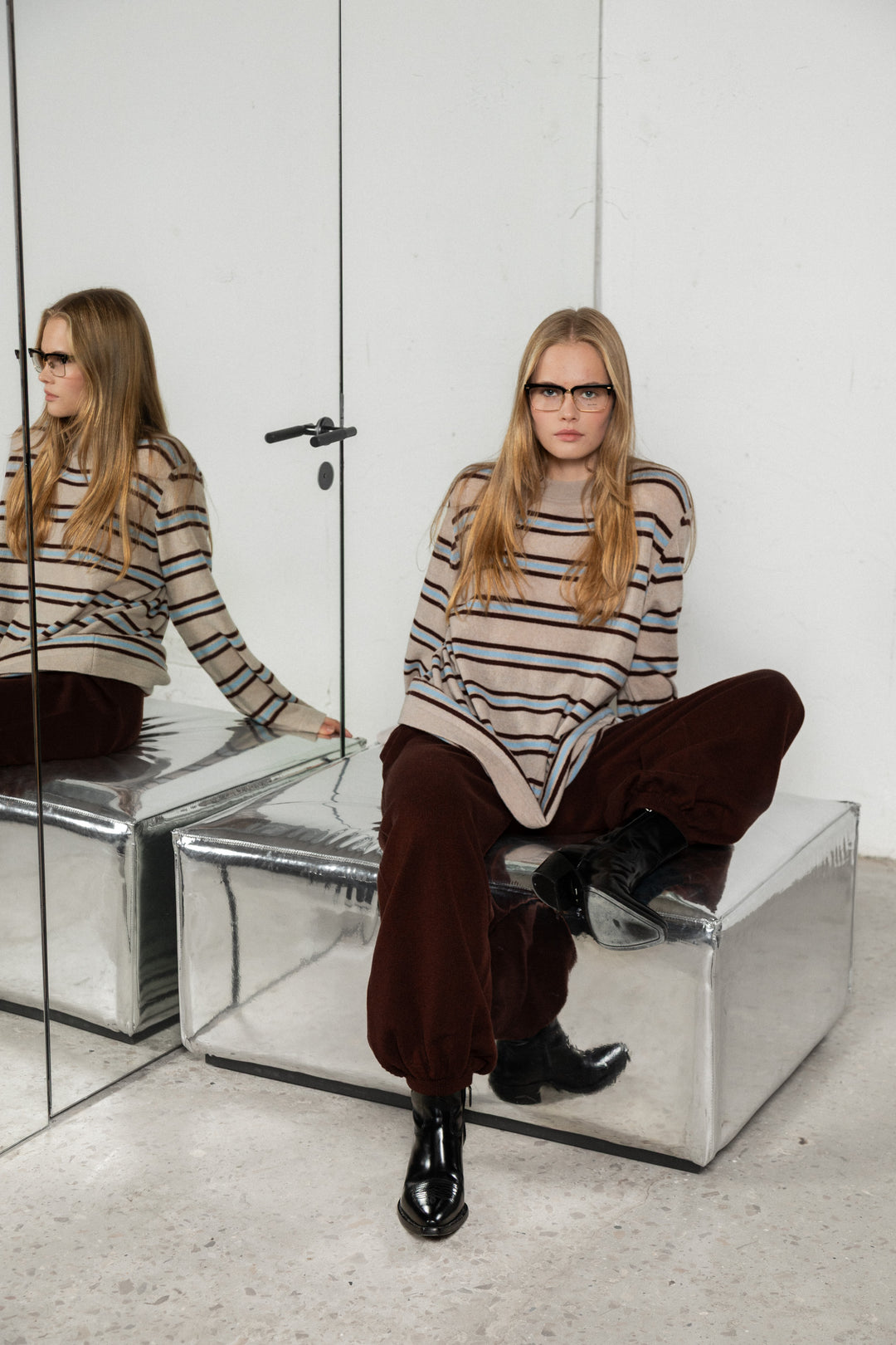 POWDER/CLOUD BLUE/CHOCOLATE CASHMERE-MERINO WOOL SHIRT