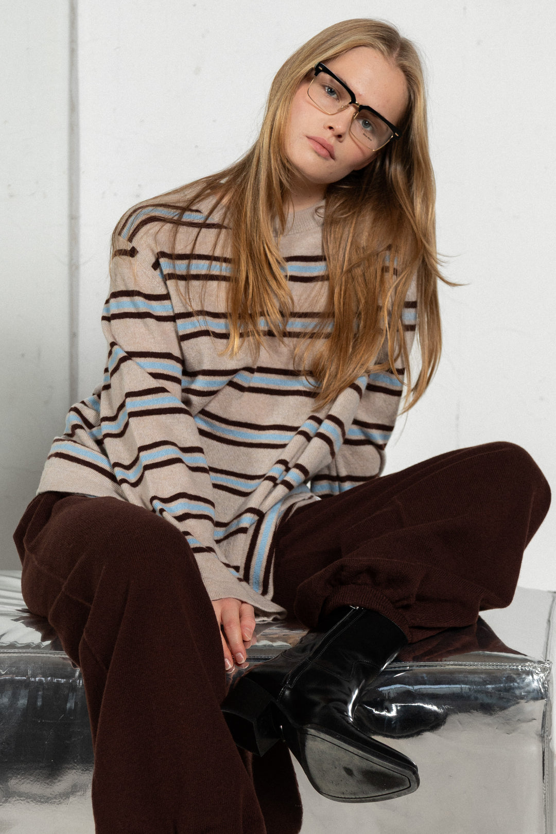 POWDER/CLOUD BLUE/CHOCOLATE CASHMERE-MERINO WOOL SHIRT