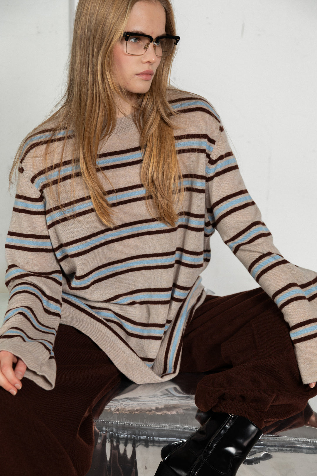 POWDER/CLOUD BLUE/CHOCOLATE CASHMERE-MERINO WOOL SHIRT