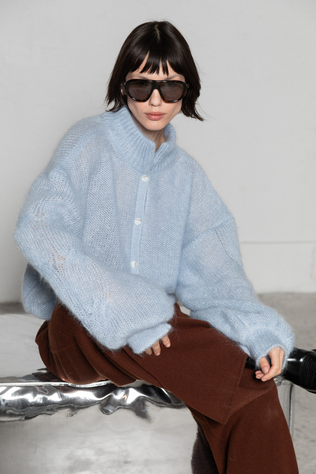 SOFT BLUE MOHAIR AND SILK BUTTON DOWN CARDIGAN