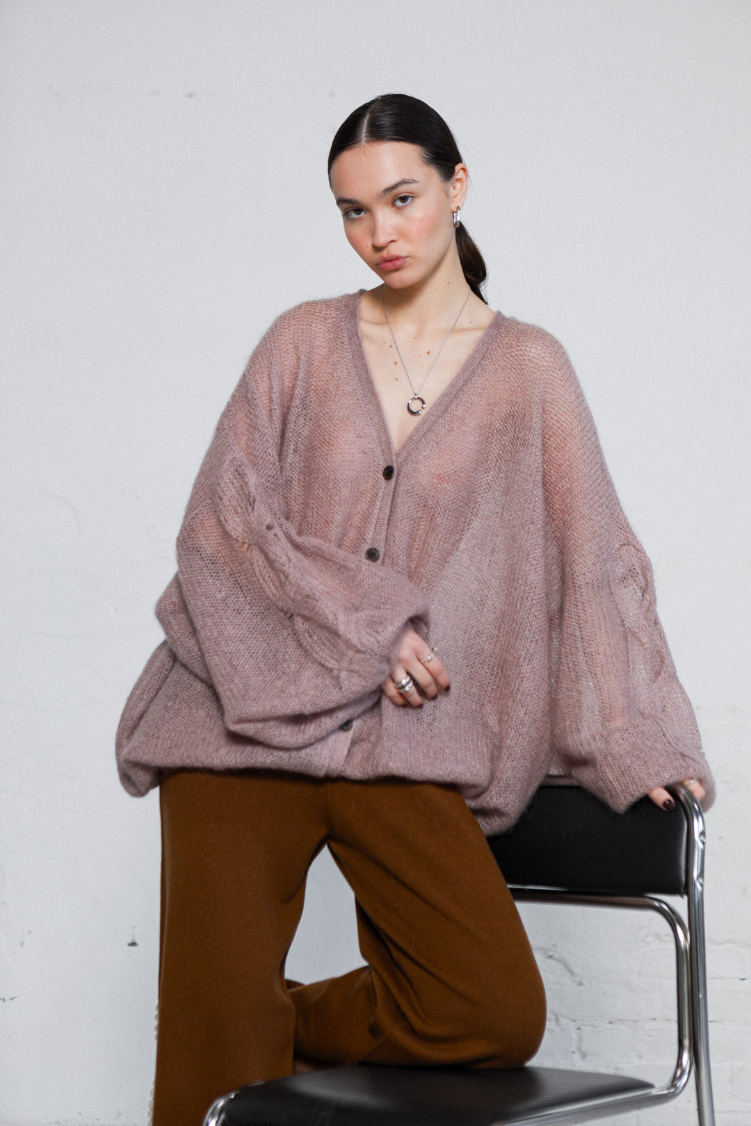 DARK POWDER MOHAIR AND SILK CARDIGAN