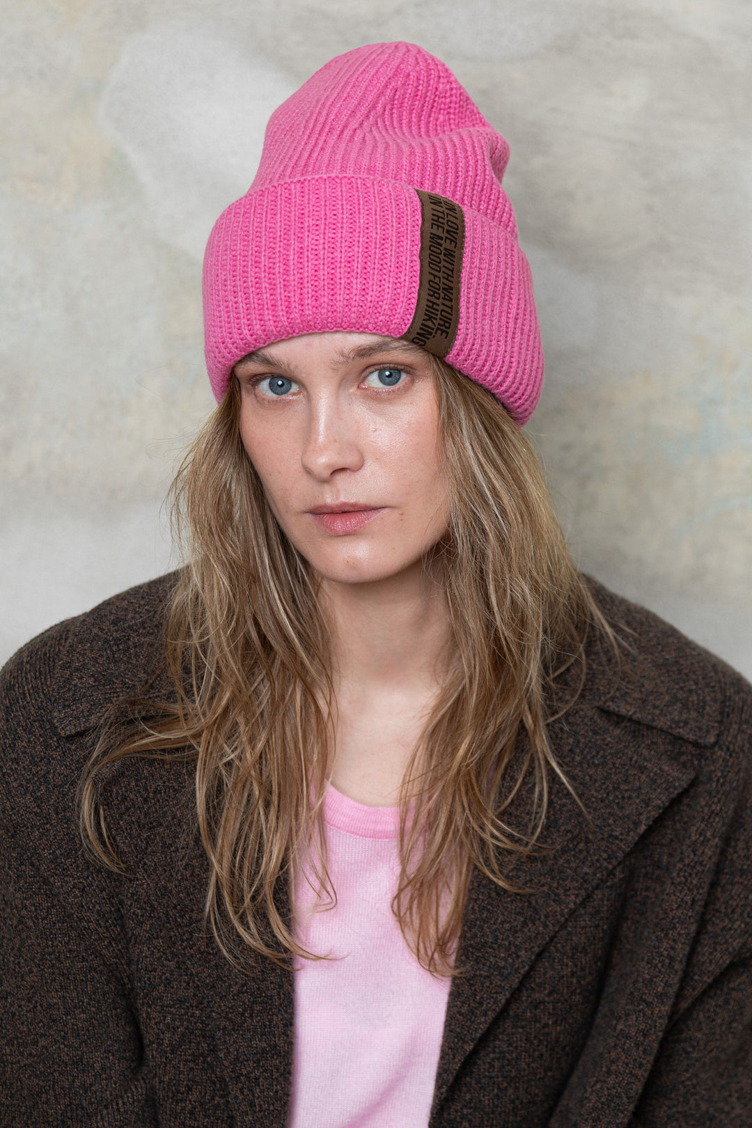 HOT PINK LAMBSWOOL BEANIE WITH CHOCOLATE LABEL