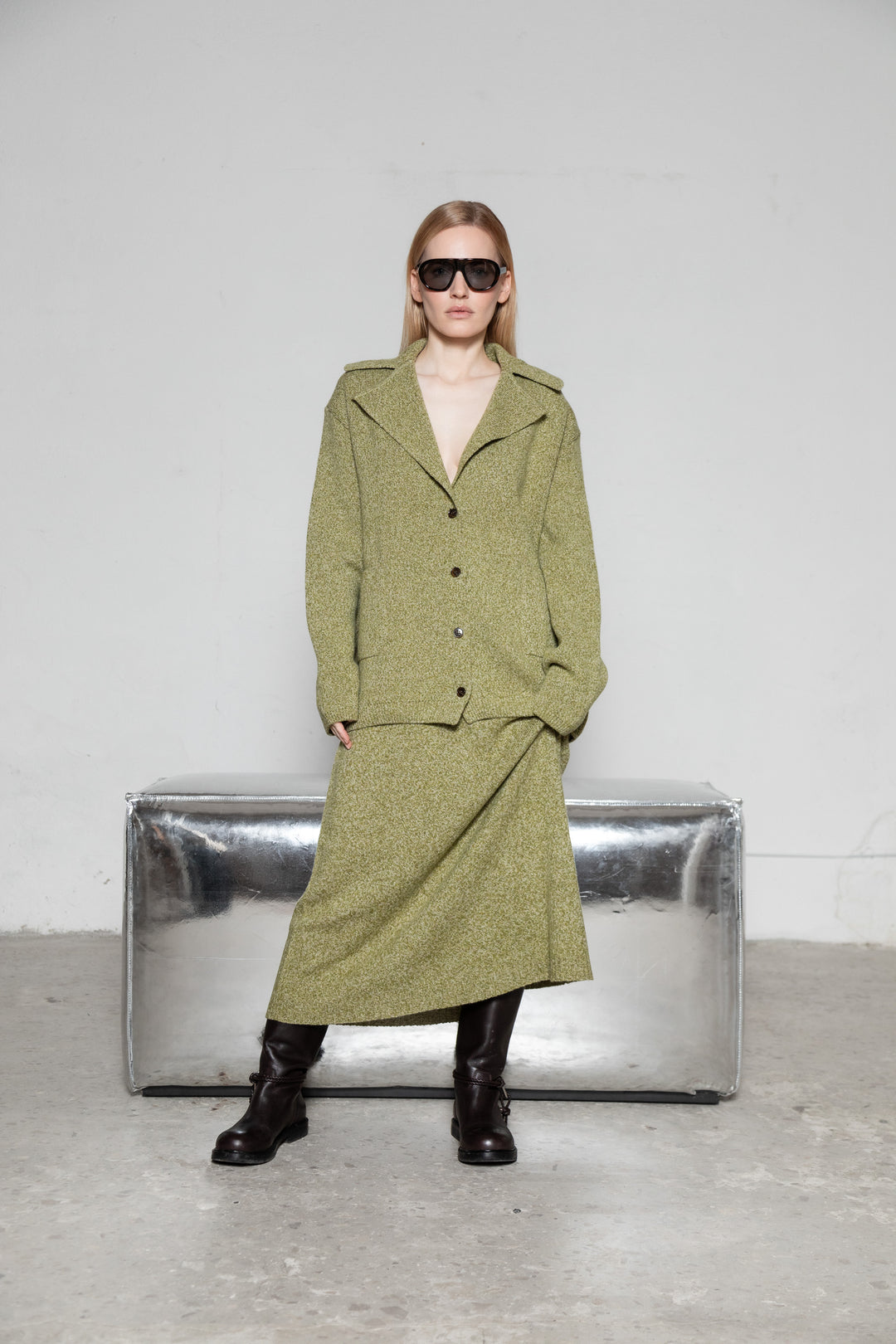 MOSS GREEN MELANGE CASHMERE-MERINO WOOL MAXI SKIRT