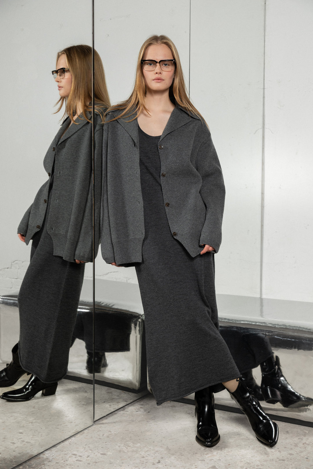 DARK GREY SHEER-KNIT EXTRA FINE MERINO WOOL DRESS