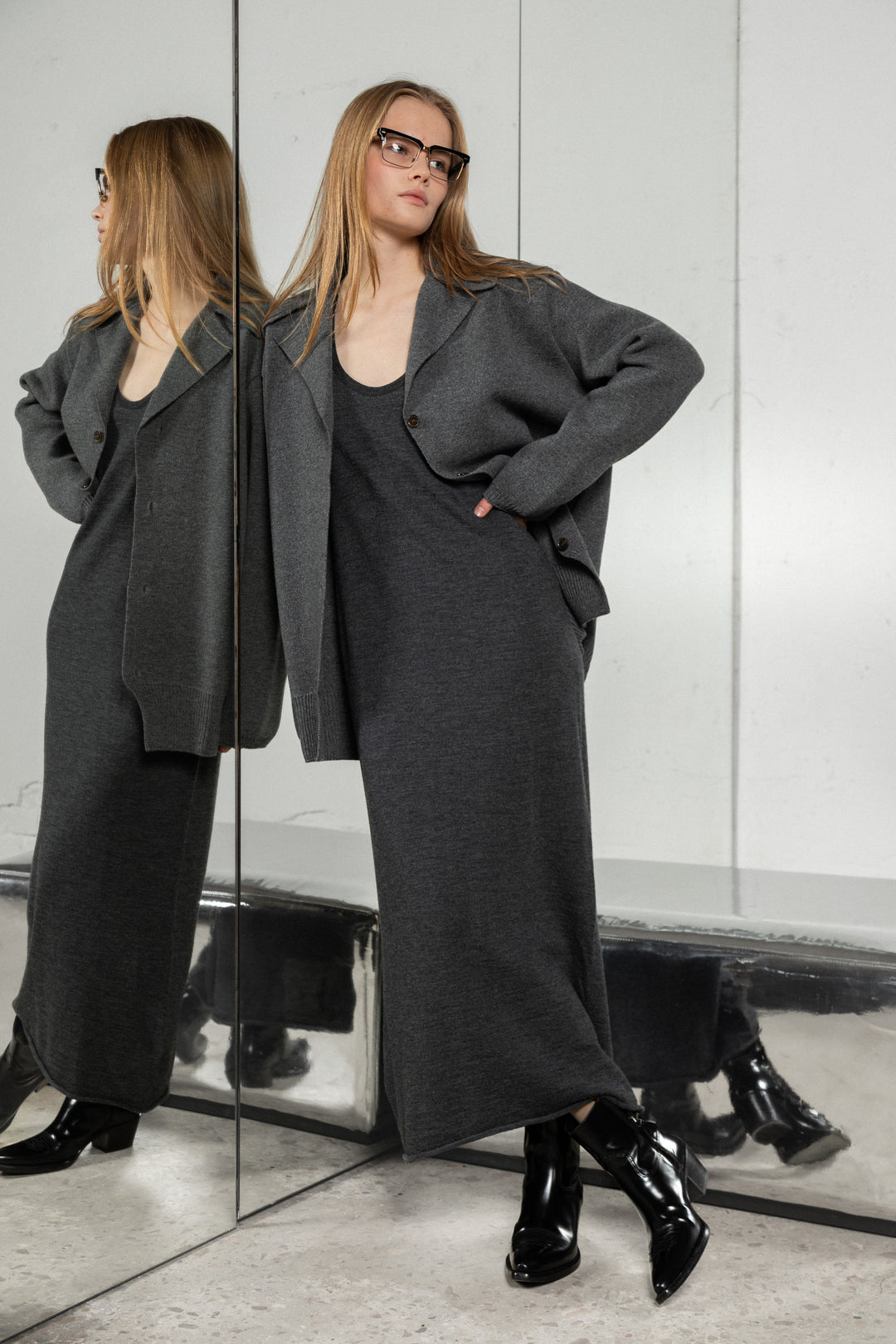 DARK GREY SHEER-KNIT EXTRA FINE MERINO WOOL DRESS