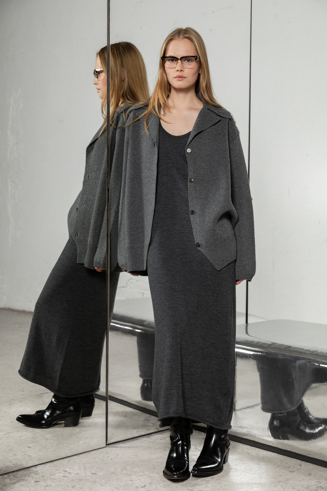 DARK GREY SHEER-KNIT EXTRA FINE MERINO WOOL DRESS