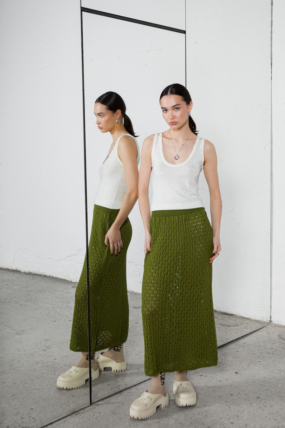 LIME GREEN EXTRA FINE MERINO WOOL LACE SKIRT