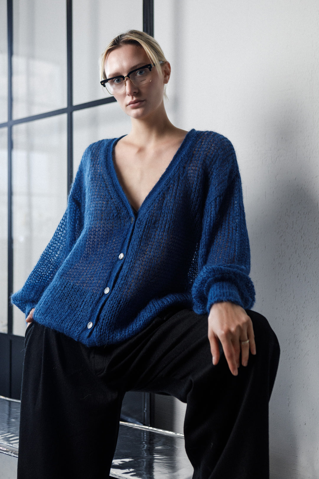 NAVY BLUE MOHAIR AND SILK MINI CARDIGAN