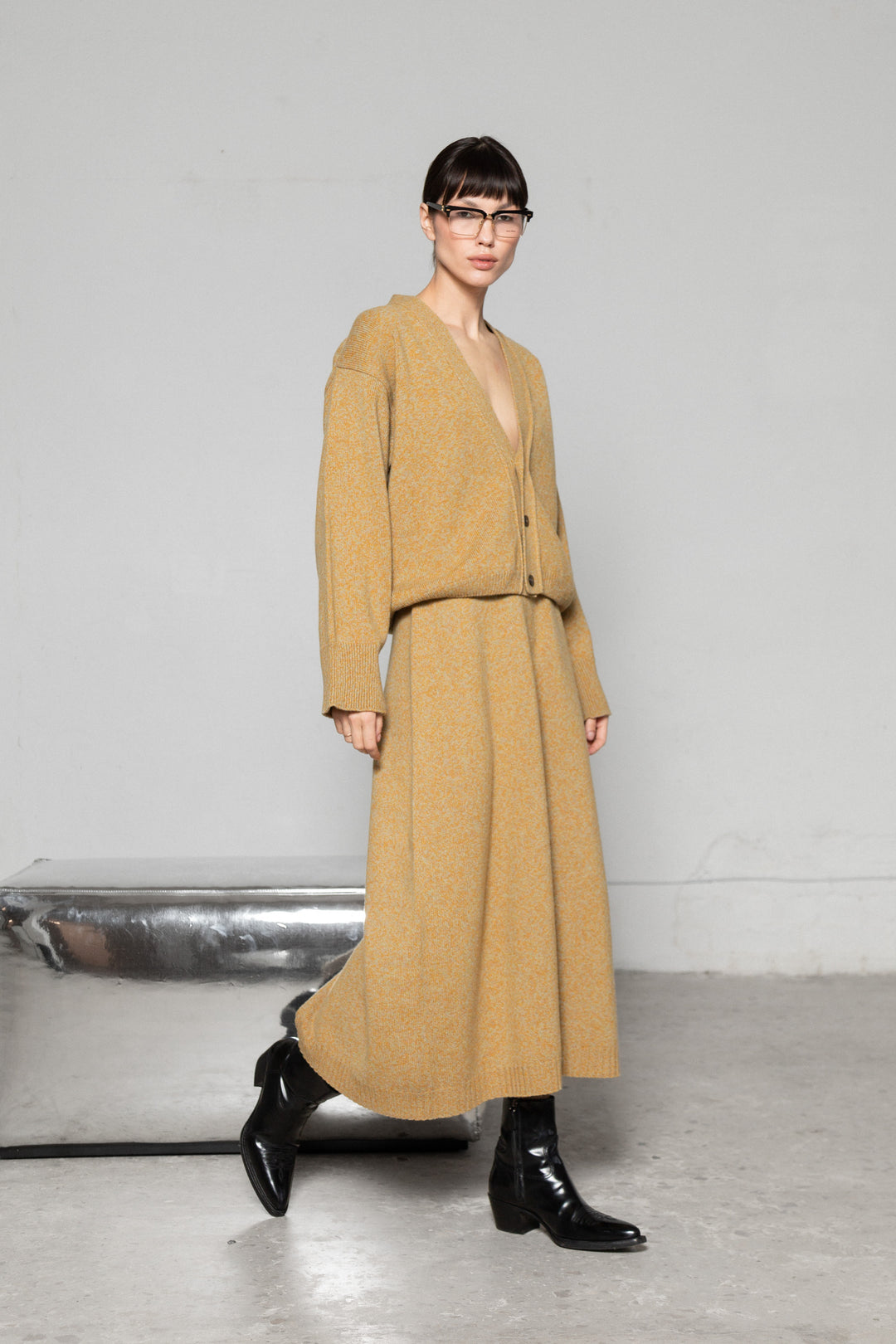 YELLOW MELANGE CASHMERE-MERINO WOOL LONG BOMBER JACKET