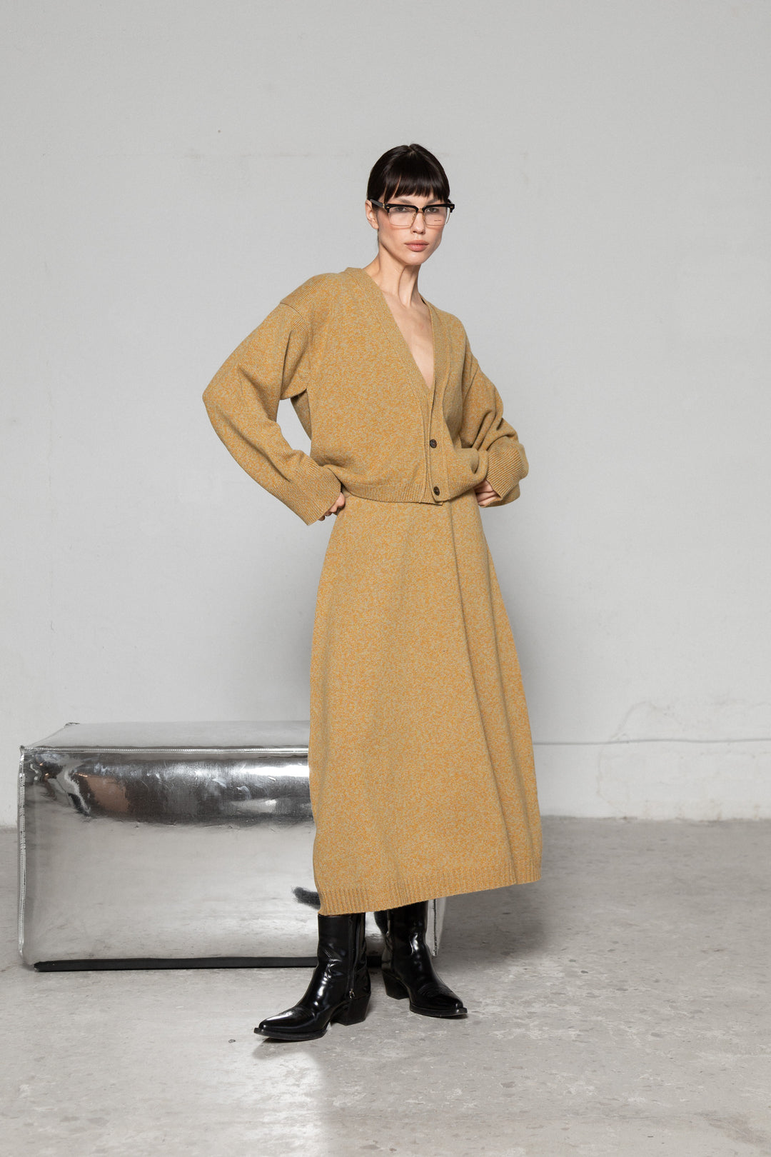 YELLOW MELANGE CASHMERE-MERINO WOOL LONG BOMBER JACKET
