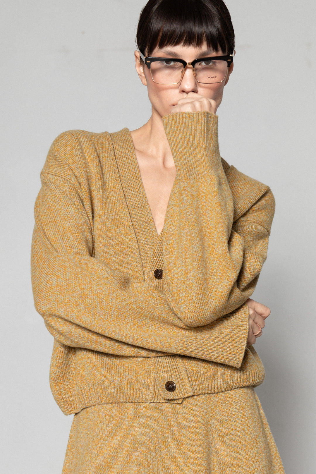 YELLOW MELANGE CASHMERE-MERINO WOOL LONG BOMBER JACKET