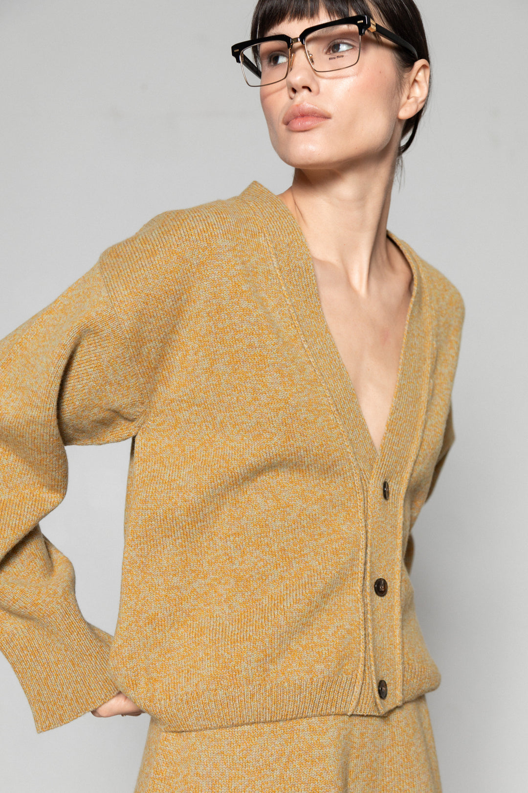 YELLOW MELANGE CASHMERE-MERINO WOOL LONG BOMBER JACKET