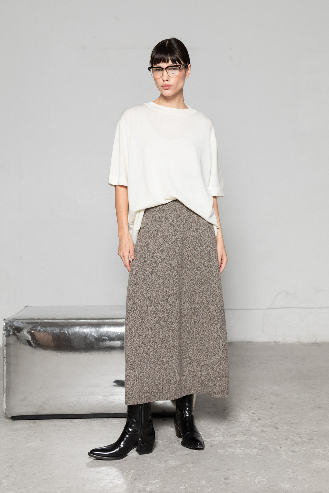 SAND MELANGE CASHMERE-MERINO WOOL MAXI SKIRT