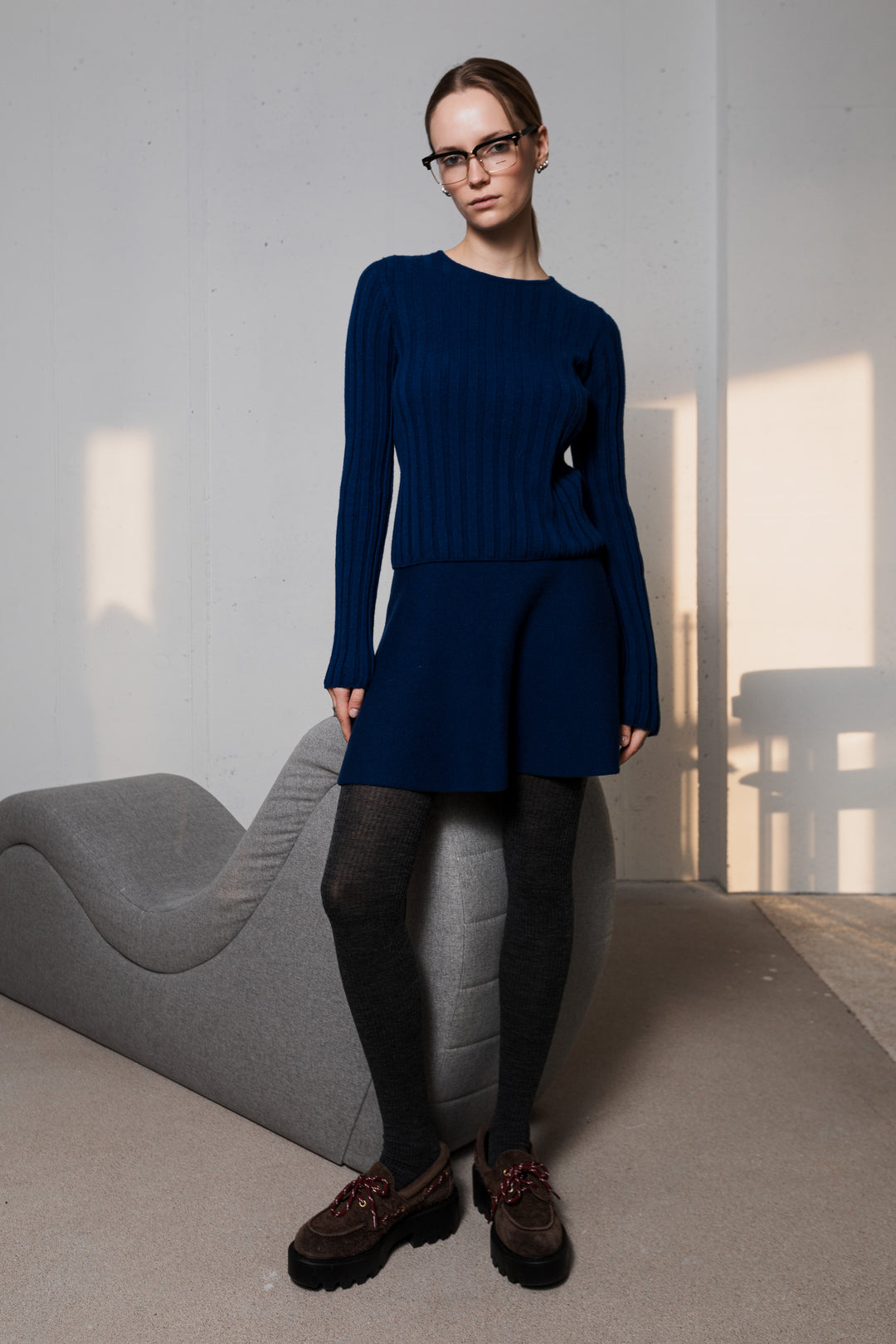 NAVY BLUE LAMBSWOOL RIB-KNIT TOP