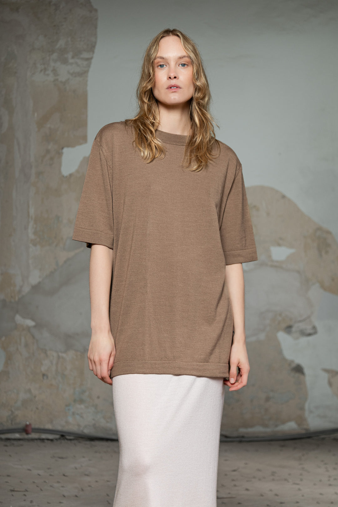 BEIGE EXTRA FINE MERINO WOOL T-SHIRT