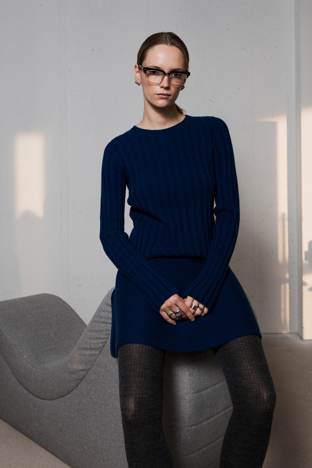 NAVY BLUE LAMBSWOOL RIB-KNIT TOP