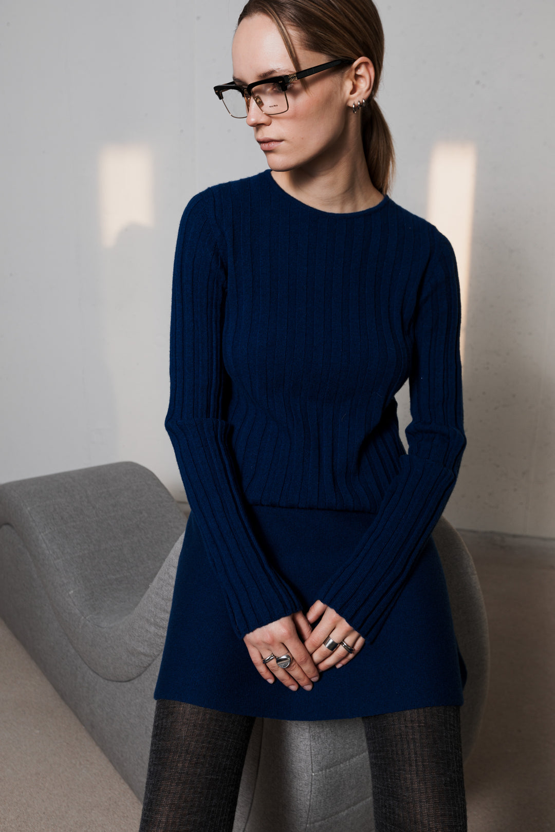 NAVY BLUE LAMBSWOOL RIB-KNIT TOP