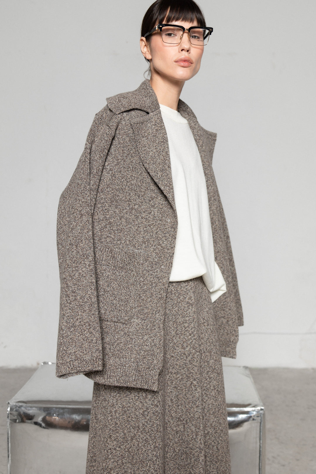 SAND MELANGE CASHMERE-MERINO WOOL JACKET CARDIGAN