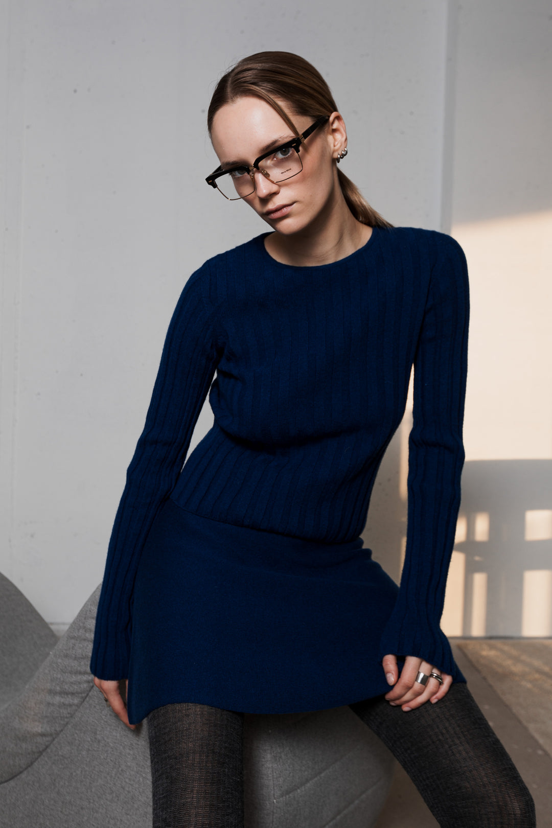 NAVY BLUE LAMBSWOOL RIB-KNIT TOP