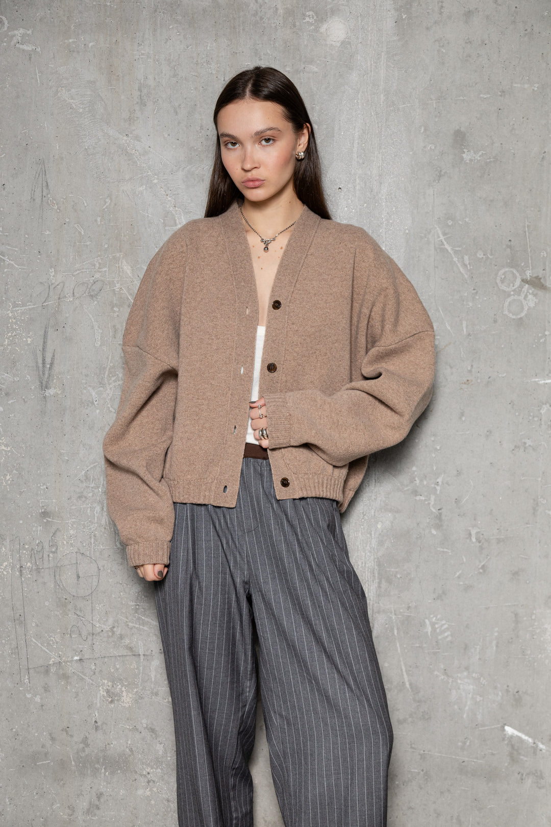 BEIGE MELANGE LAMBSWOOL LONG BOMBER JACKET