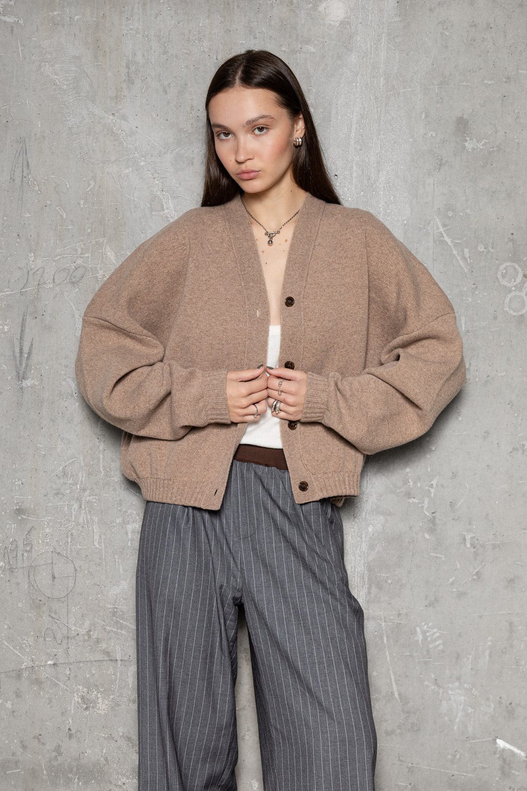 BEIGE MELANGE LAMBSWOOL LONG BOMBER JACKET